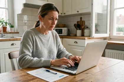 Femme utilisant un ordinateur portable pour contacter Cetelem par mail afin de contester un prélèvement bancaire