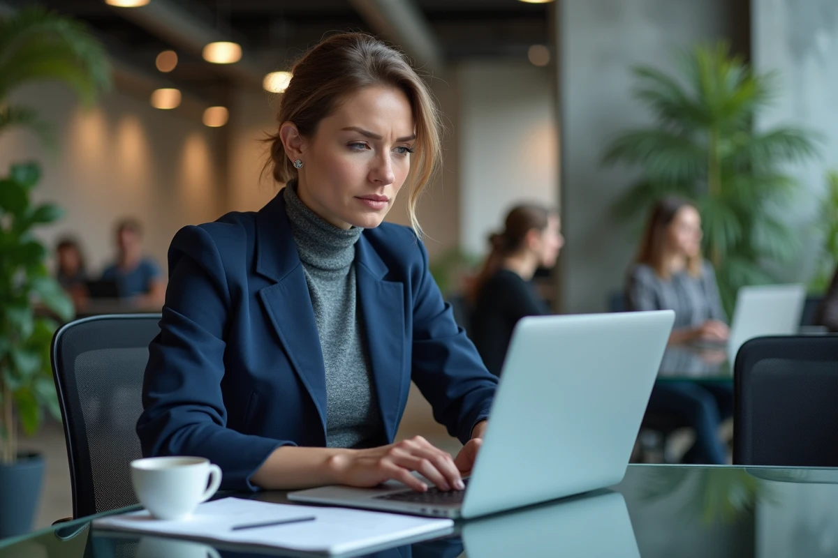 Femme en blazer marine scrutant les rendements et conditions d'une plateforme de prêt en ligne dans un espace de coworking moderne