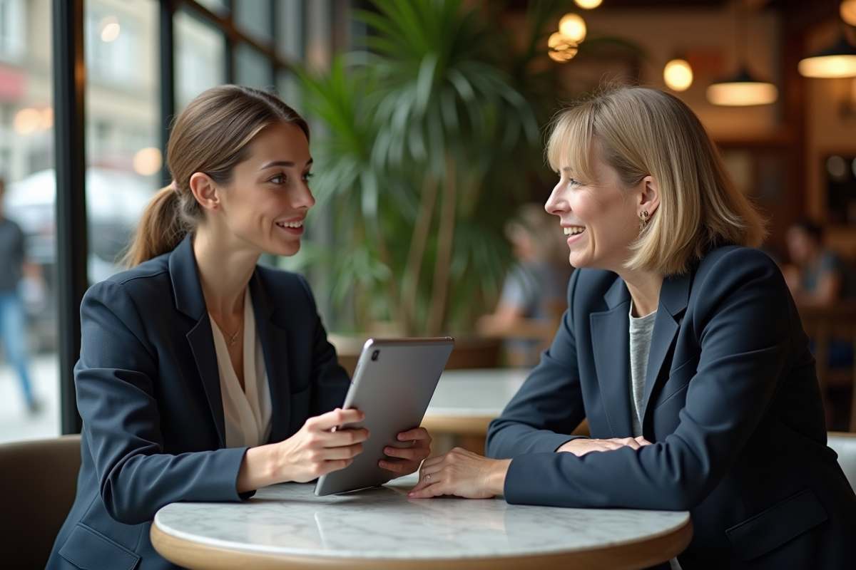 Jeune femme avec tablette discute d