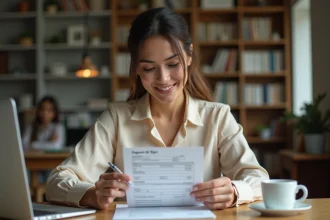 Femme consultant une fiche de paie à son bureau à domicile pour vérifier son salaire net