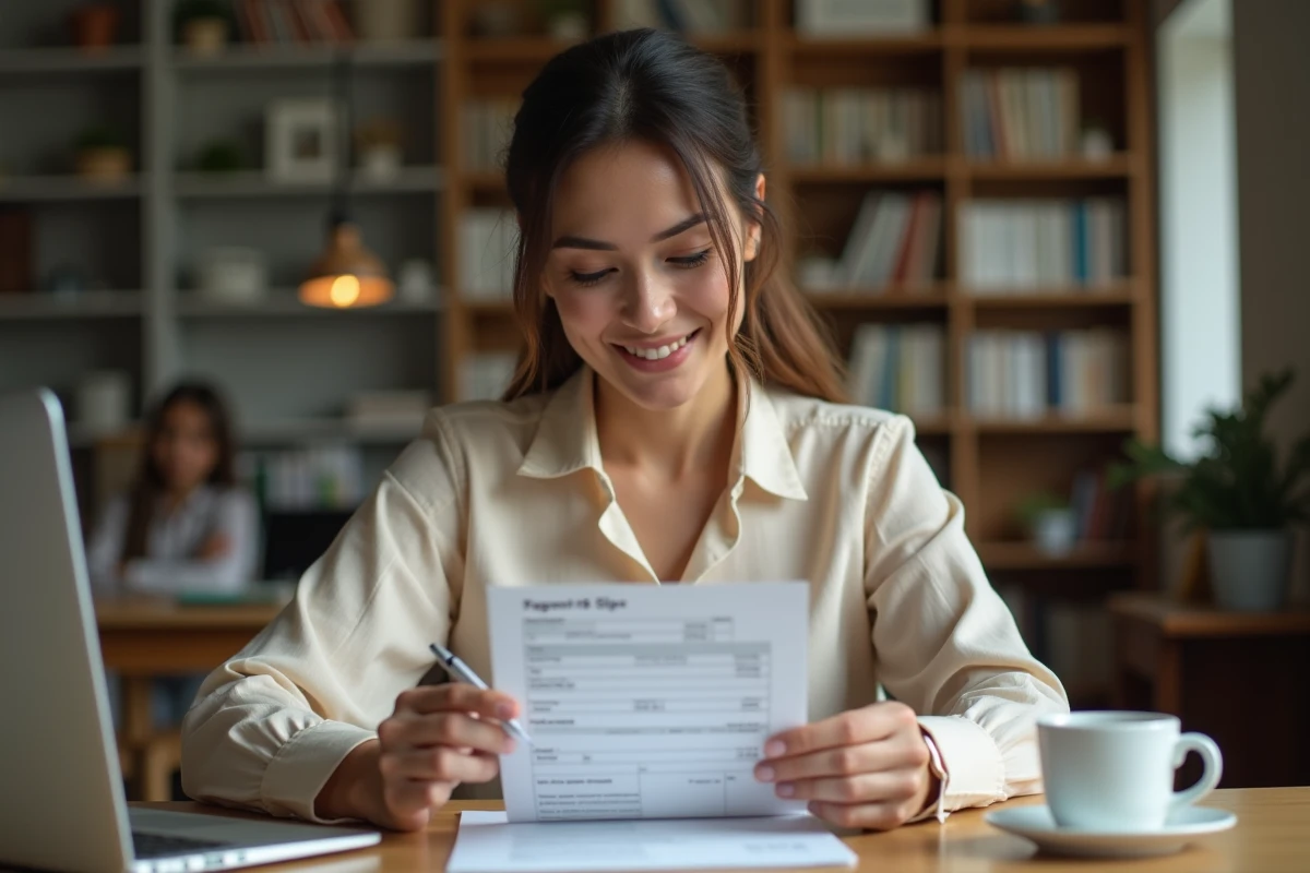 Femme consultant une fiche de paie à son bureau à domicile pour vérifier son salaire net