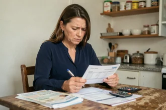 Femme examinant une fiche de paie au Smic à temps partiel dans une cuisine modeste, illustrant l'écart de revenu entre 25h et temps plein