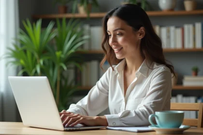Femme d'affaires en cuisine moderne analysant des graphiques financiers