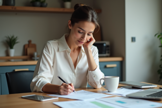 Femme d'affaires dans une cuisine moderne en train de remplir un formulaire