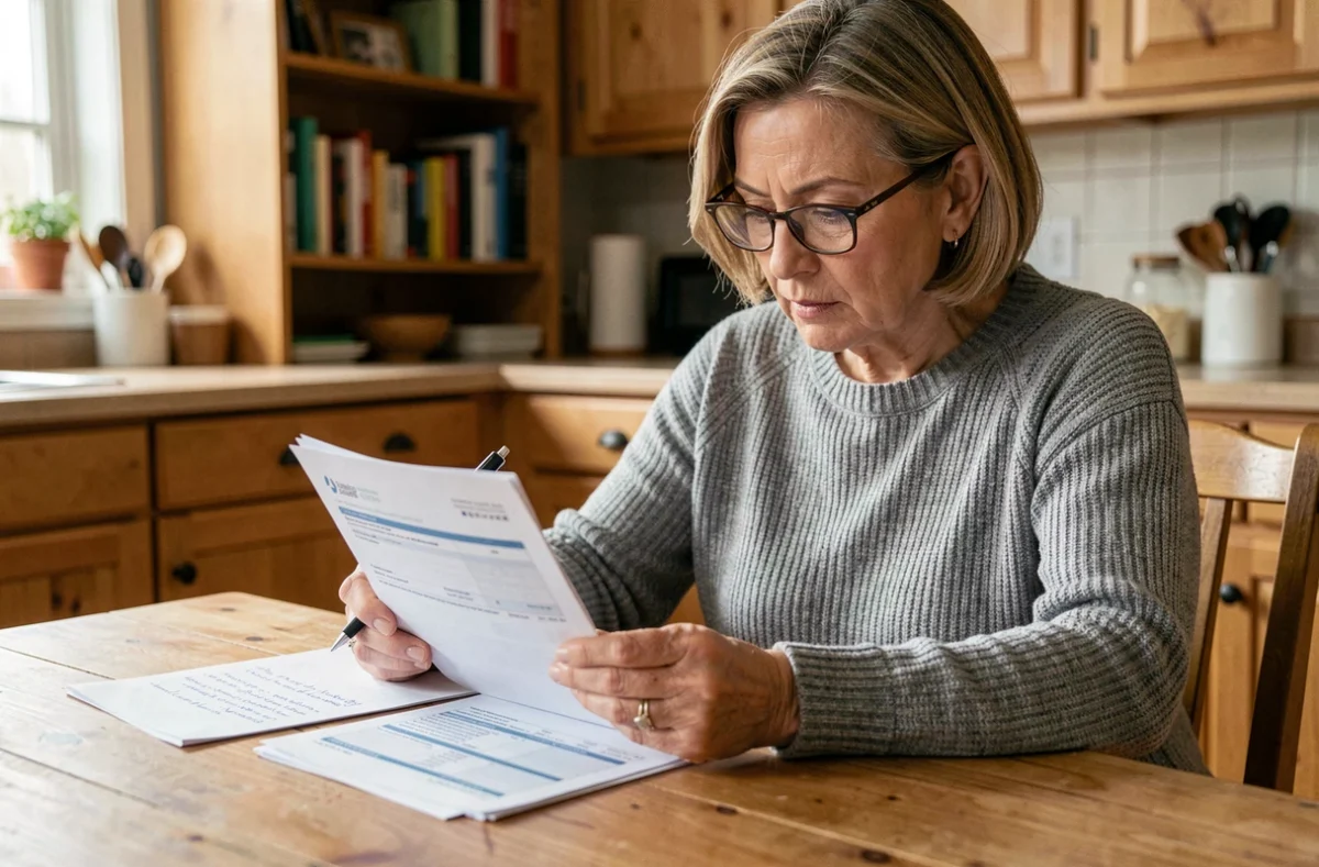 Femme consultant ses relevés de compte et ses économies sur un livret d'épargne à la maison