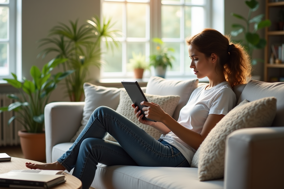 Femme détendue surveillant la cryptomonnaie sur une tablette