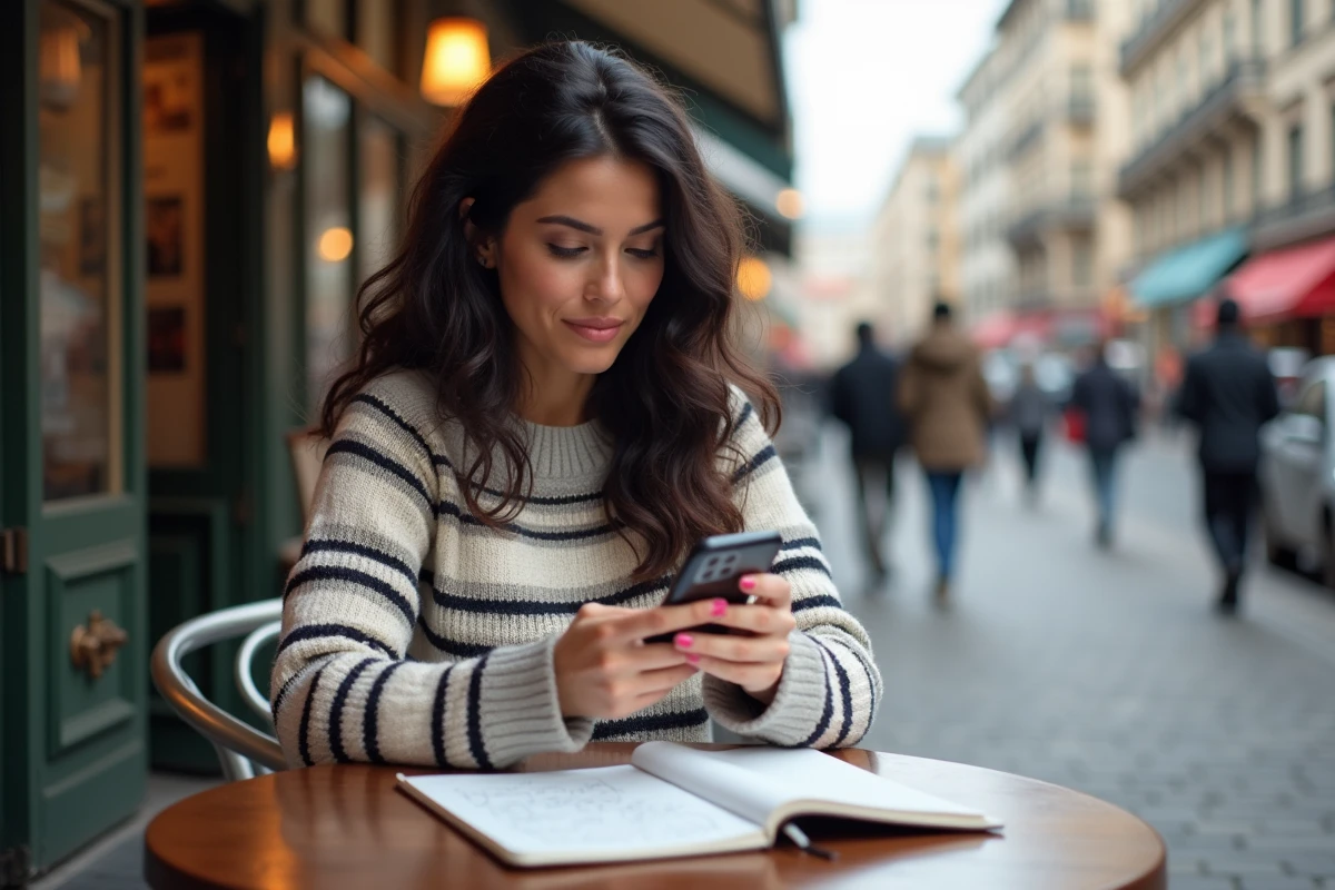 Jeune femme au café regardant son smartphone en extérieur