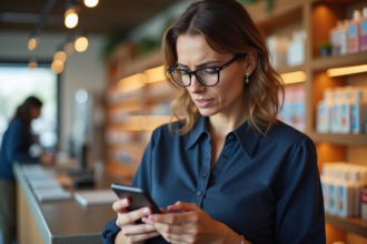 Femme en blouse navy utilisant son smartphone en magasin