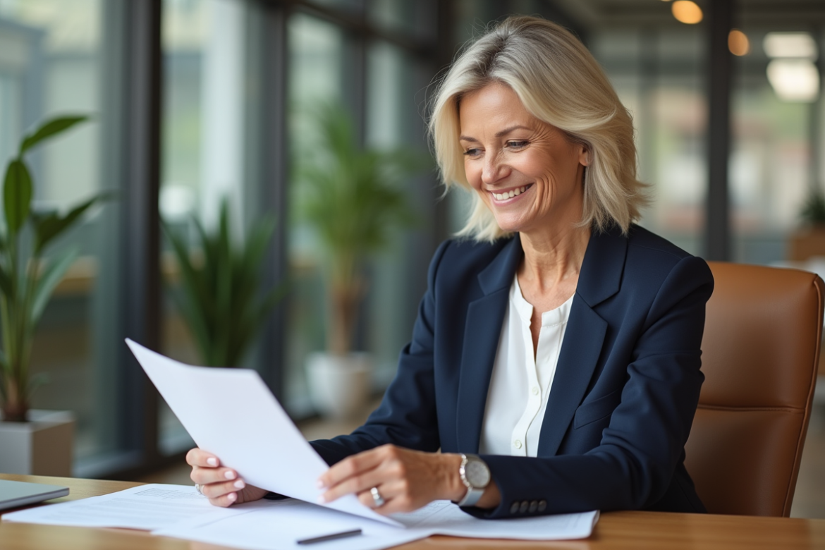 Femme professionnelle en bureau examinant documents de prêt immobilier