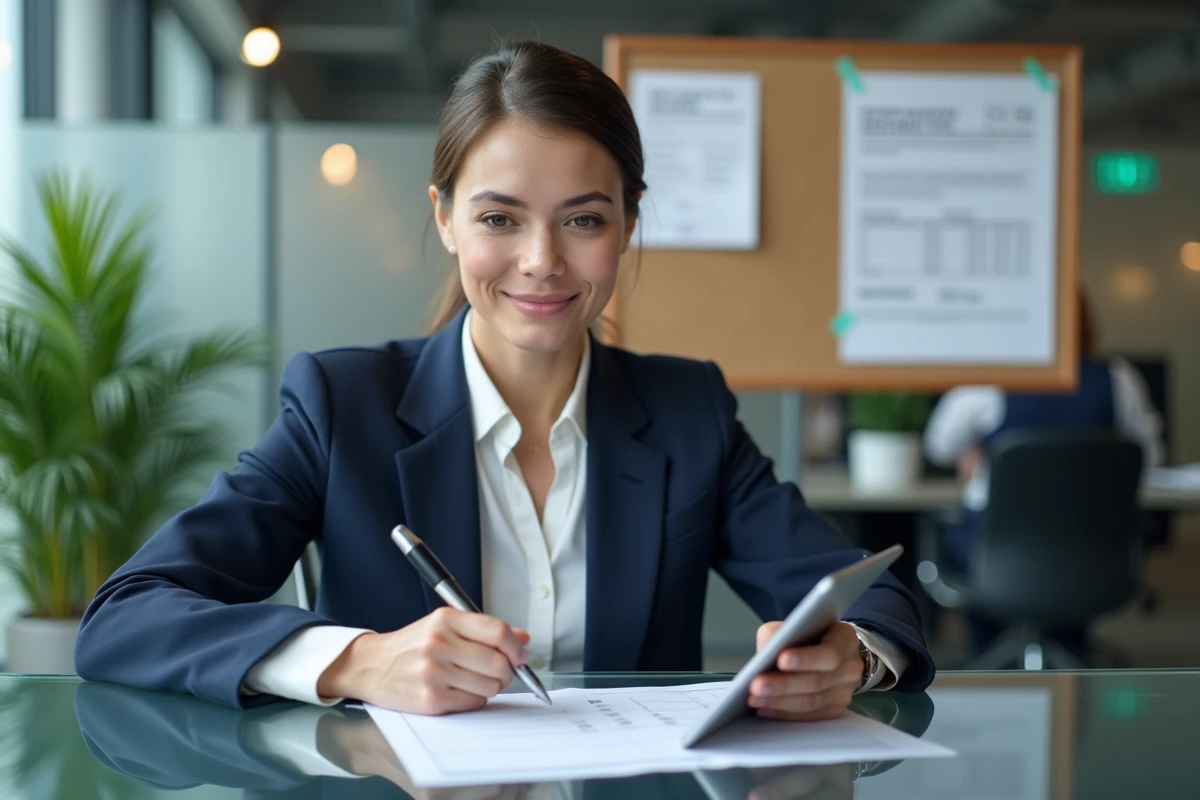 Femme professionnelle remplissant le formulaire Cerfa 3916 bis sur tablette dans un bureau moderne avec check-list imprimée