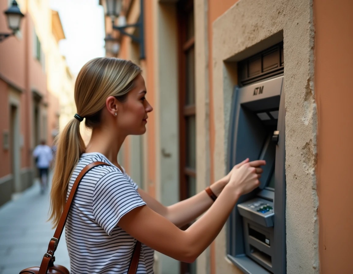 Femme protégeant son code au distributeur automatique lors d'un retrait d'euros en voyage pour se prémunir des arnaques