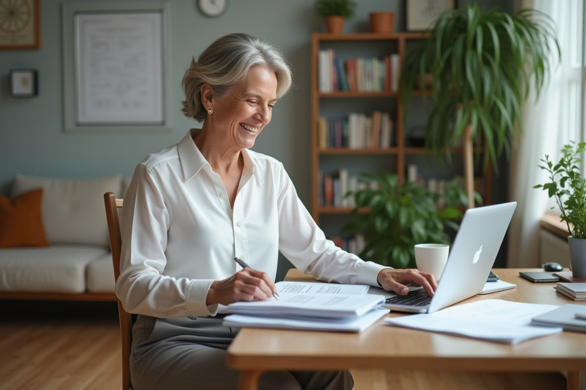 Femme retraitée souriante dans son bureau moderne