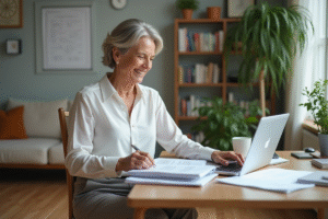 Femme retraitée souriante dans son bureau moderne