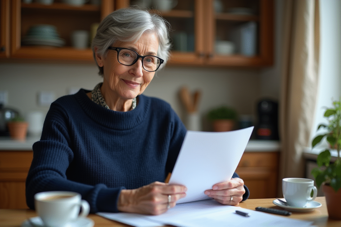 Femme retraitée tenant documents de retraite dans la cuisine