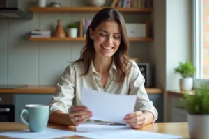 Jeune femme souriante vérifiant ses papiers dans la cuisine