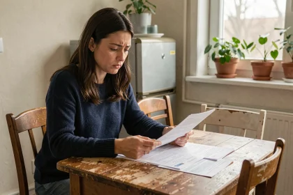 Femme seule consultant des documents budgétaires dans une cuisine modeste, illustrant la gestion du RSA pour une personne en 2026
