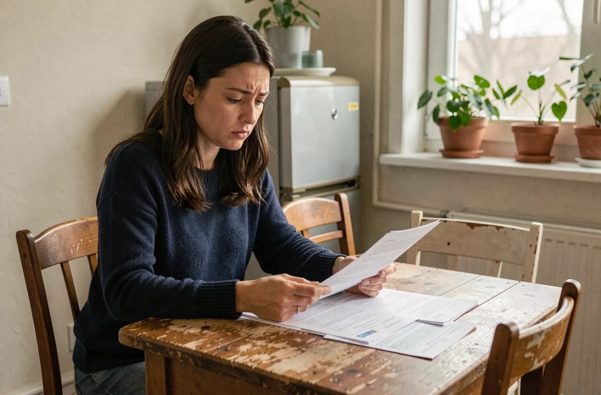Femme seule consultant des documents budgétaires dans une cuisine modeste, illustrant la gestion du RSA pour une personne en 2026