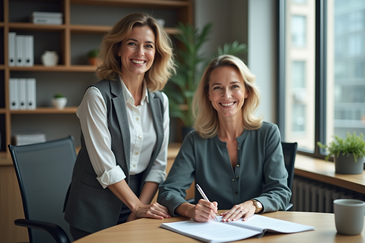 Femme souriante signant un contrat dans un bureau financier