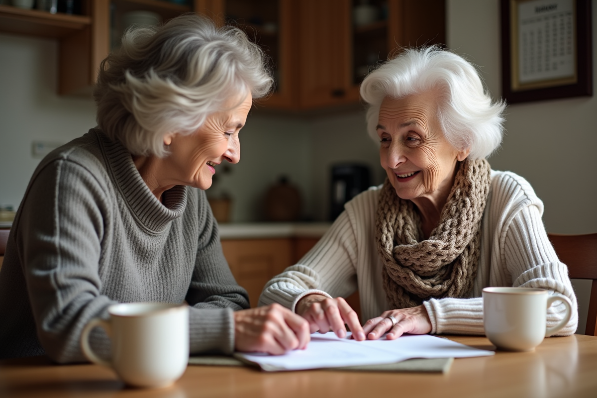 Femme âgée discutant de papiers avec sa fille à la maison