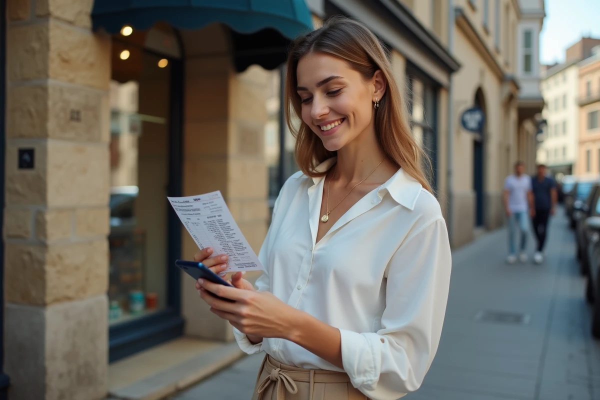 Jeune femme vérifiant un ticket Euromillions devant un commerce en ville