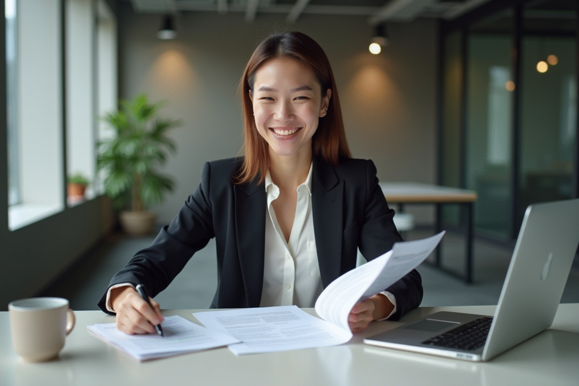 Jeune femme professionnelle examine un contrat de paiement au bureau