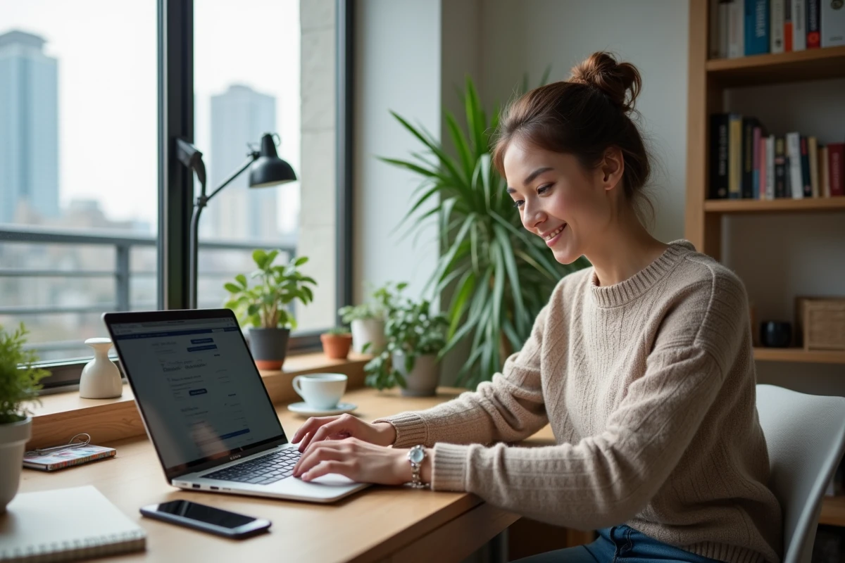 Jeune femme travaillant sur son ordinateur à la maison
