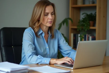 Femme concentrée sur son ordinateur pour la paie