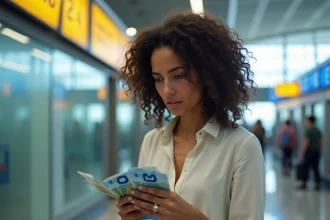 Femme examinant des billets en euros bleus au comptoir de change d'un aéroport pour éviter les arnaques en voyage