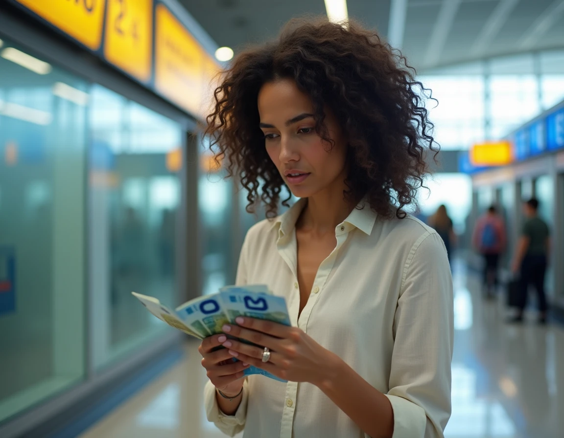 Femme examinant des billets en euros bleus au comptoir de change d'un aéroport pour éviter les arnaques en voyage
