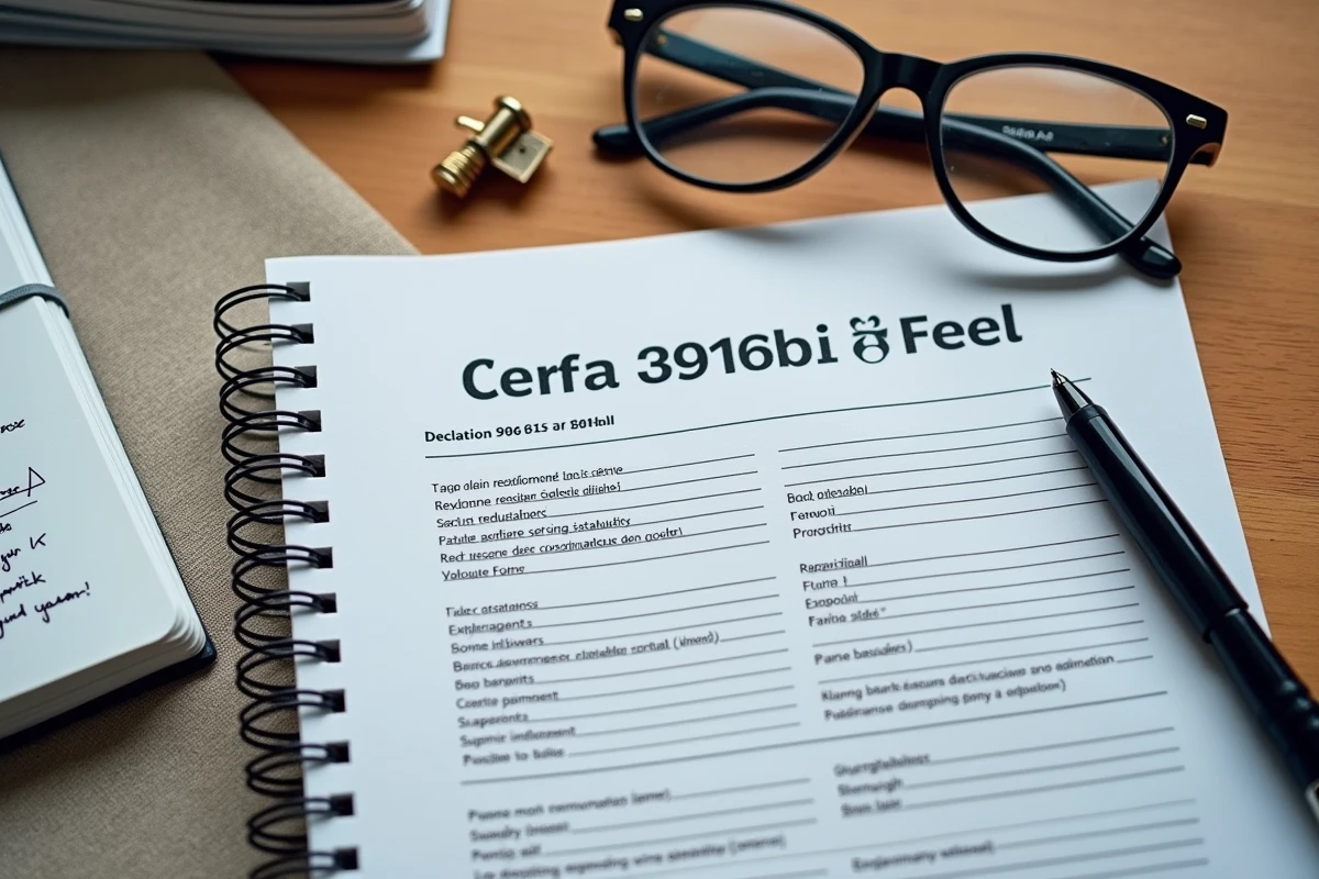 Vue aérienne d'une déclaration Cerfa 3916 bis imprimée avec stylo, relevés bancaires étrangers et check-list manuscrite sur bureau en bois