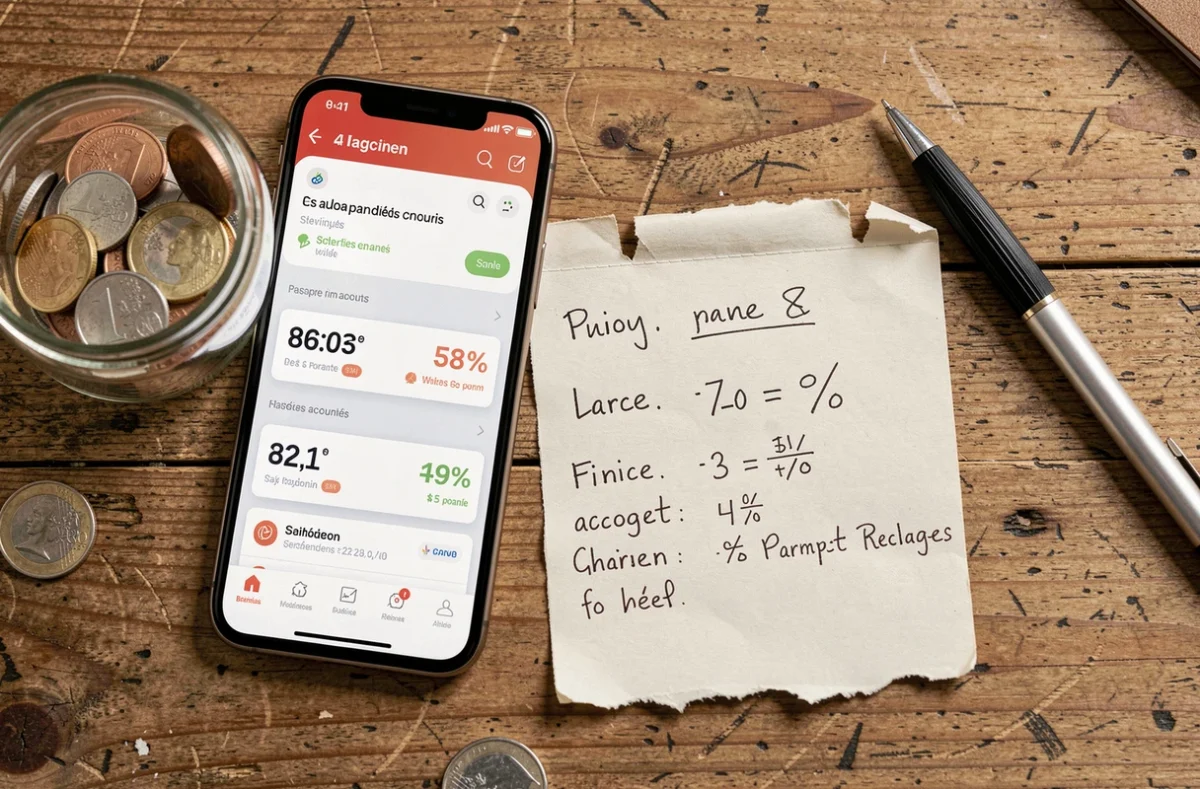 Vue aérienne d'un bureau avec smartphone, pièces euro et calculs manuscrits pour comparer Livret A Sup et comptes à terme en 2026