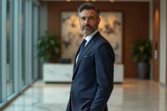 Homme d'affaires en costume sombre dans un hall d'immeuble moderne symbolisant la réussite financière et professionnelle