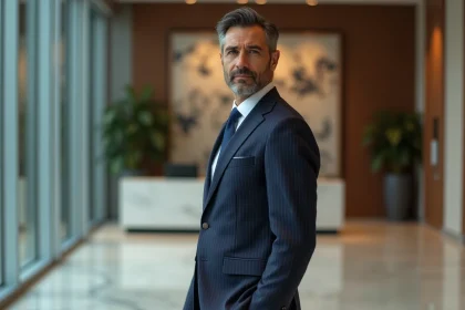 Homme d'affaires en costume sombre dans un hall d'immeuble moderne symbolisant la réussite financière et professionnelle