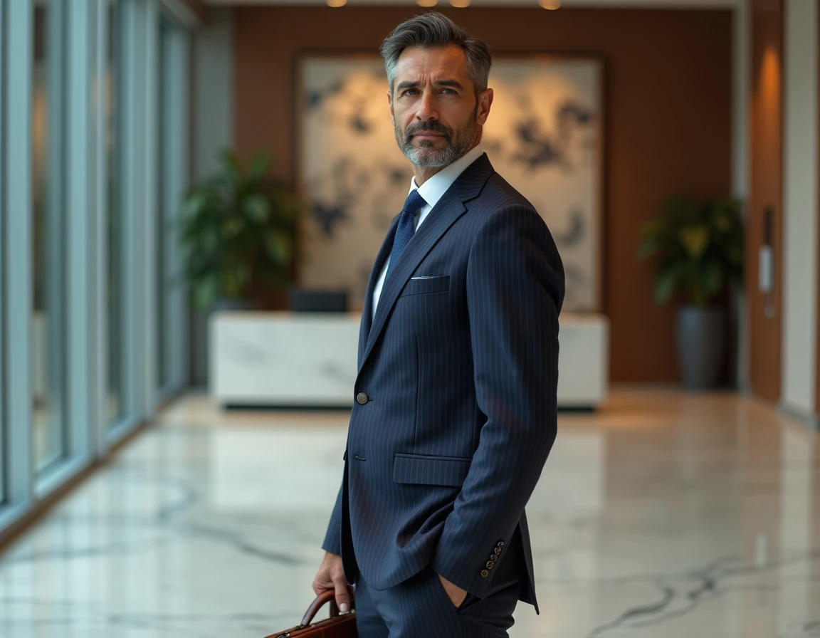 Homme d'affaires en costume sombre dans un hall d'immeuble moderne symbolisant la réussite financière et professionnelle