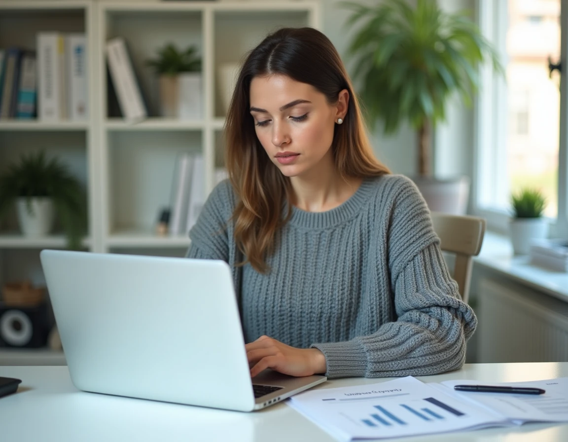 Femme gérant son budget personnel à domicile avec des documents de rachat de crédit Tecfinance
