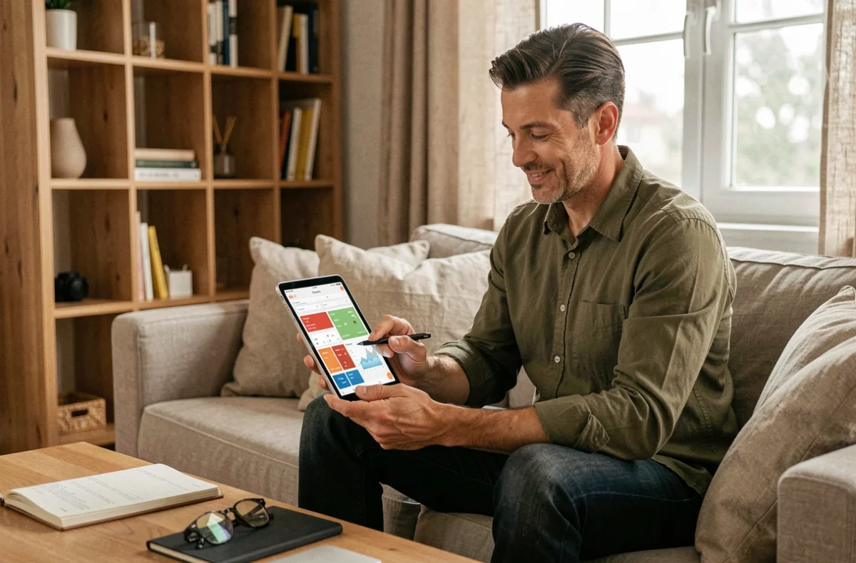 Homme gérant plusieurs comptes en ligne depuis une tablette dans un bureau à domicile confortable