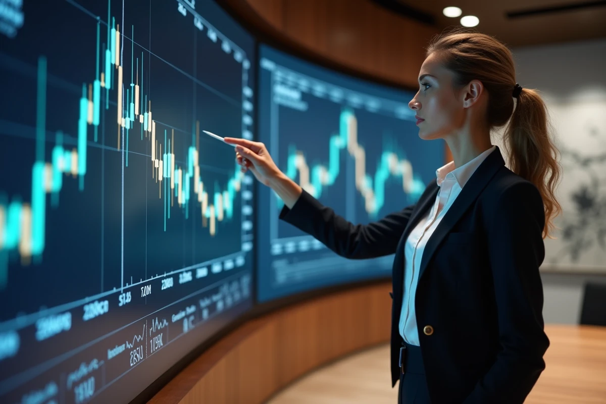 Gestionnaire de portefeuille analysant les indicateurs techniques boursiers d'une action du luxe en salle de réunion
