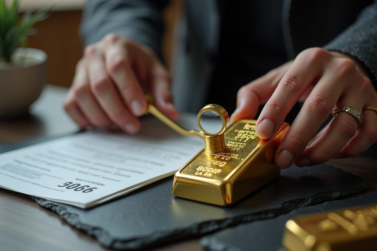 Gros plan d'un lingot d'or de 250g avec loupe et certificat de prix sur ardoise sombre