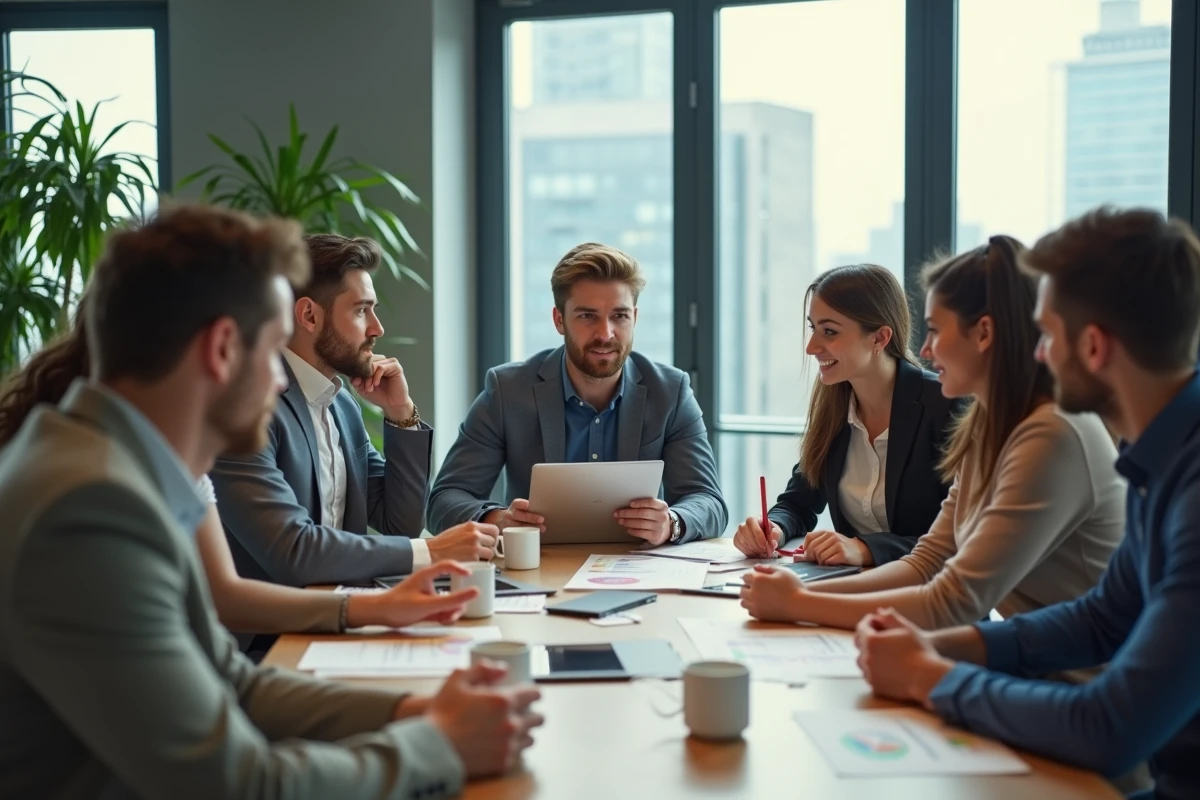 Groupe de jeunes adultes en discussion dans un bureau moderne
