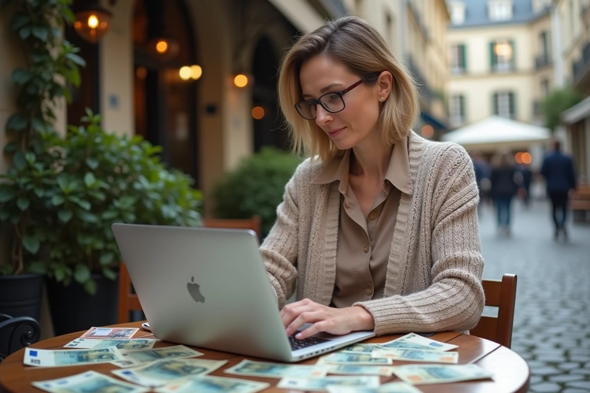 Historienne économique travaillant avec des billets sur une terrasse
