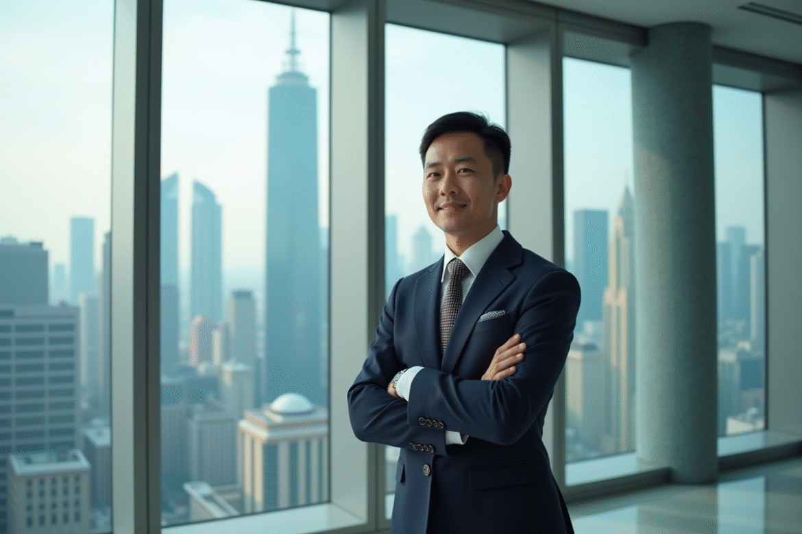 Homme d'affaires chinois confiant dans un bureau moderne avec vue sur la ville
