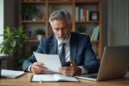 Homme d'affaires préoccupé examinant un document dans un bureau à domicile