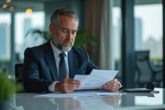 Homme d'affaires en costume examine un document financier