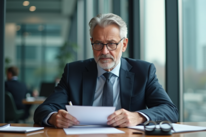 Homme d'affaires en costume étudiant des documents de prêt