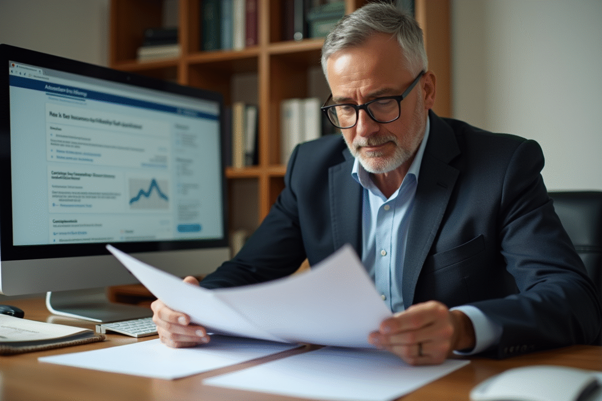 Homme d'affaires concentré lisant des documents dans un bureau