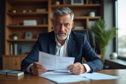 Homme d'affaires en costume bleu examine documents financiers