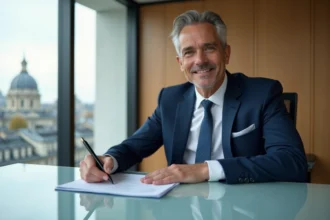 Homme d'affaires signant des documents dans un bureau parisien