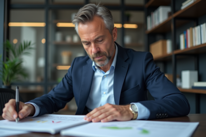 Homme d'affaires en costume bleu dans un bureau moderne
