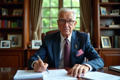 Homme âgé en costume examinant des documents financiers dans un bureau élégant