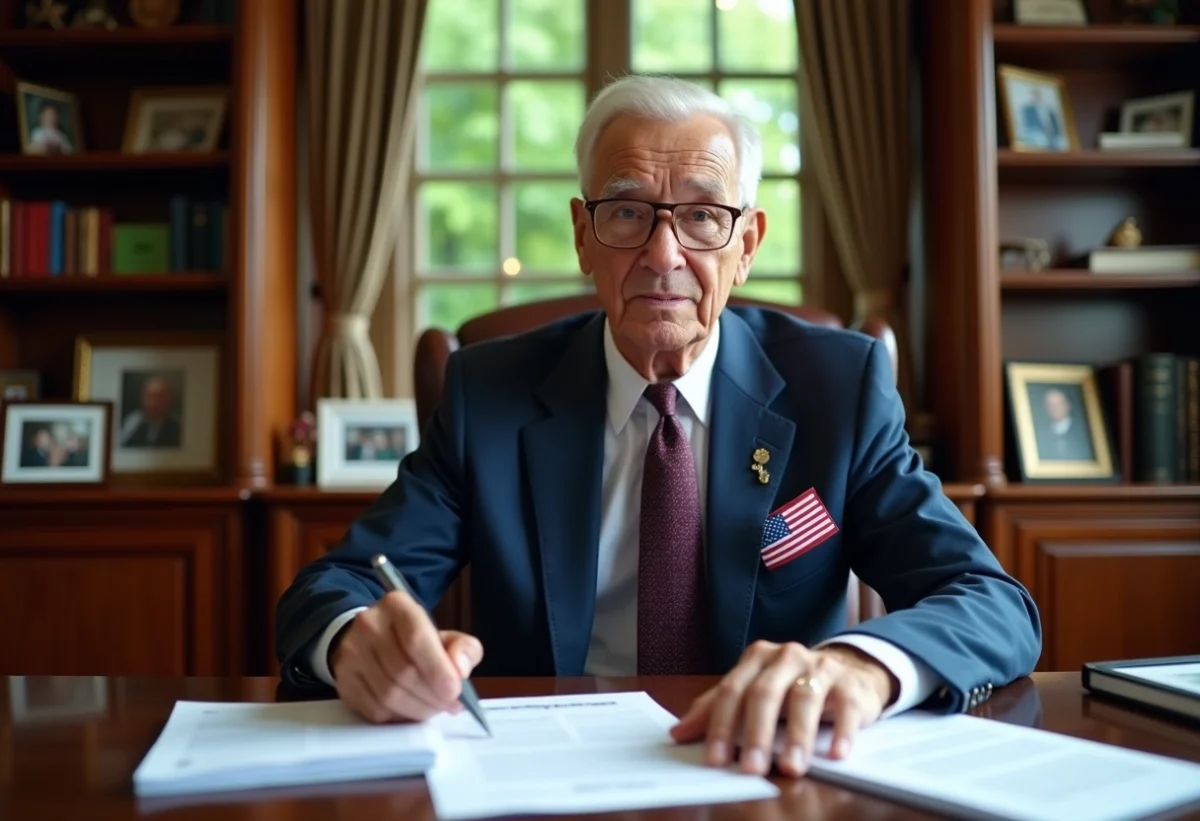 Homme âgé en costume examinant des documents financiers dans un bureau élégant